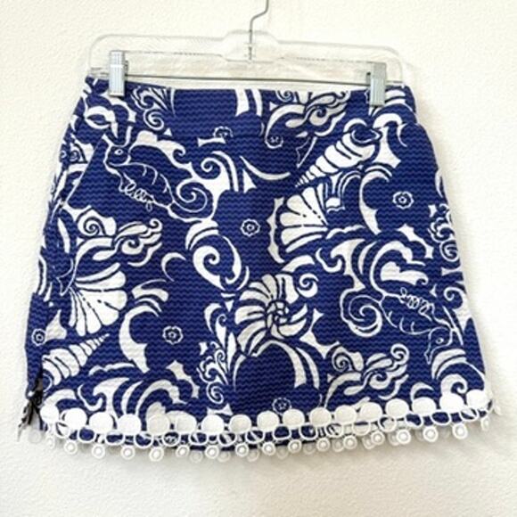 Lilly Pulitzer Pants - LILLY PULITZER Pom Pom Hem Skort Blue White Floral Cotton Size 6